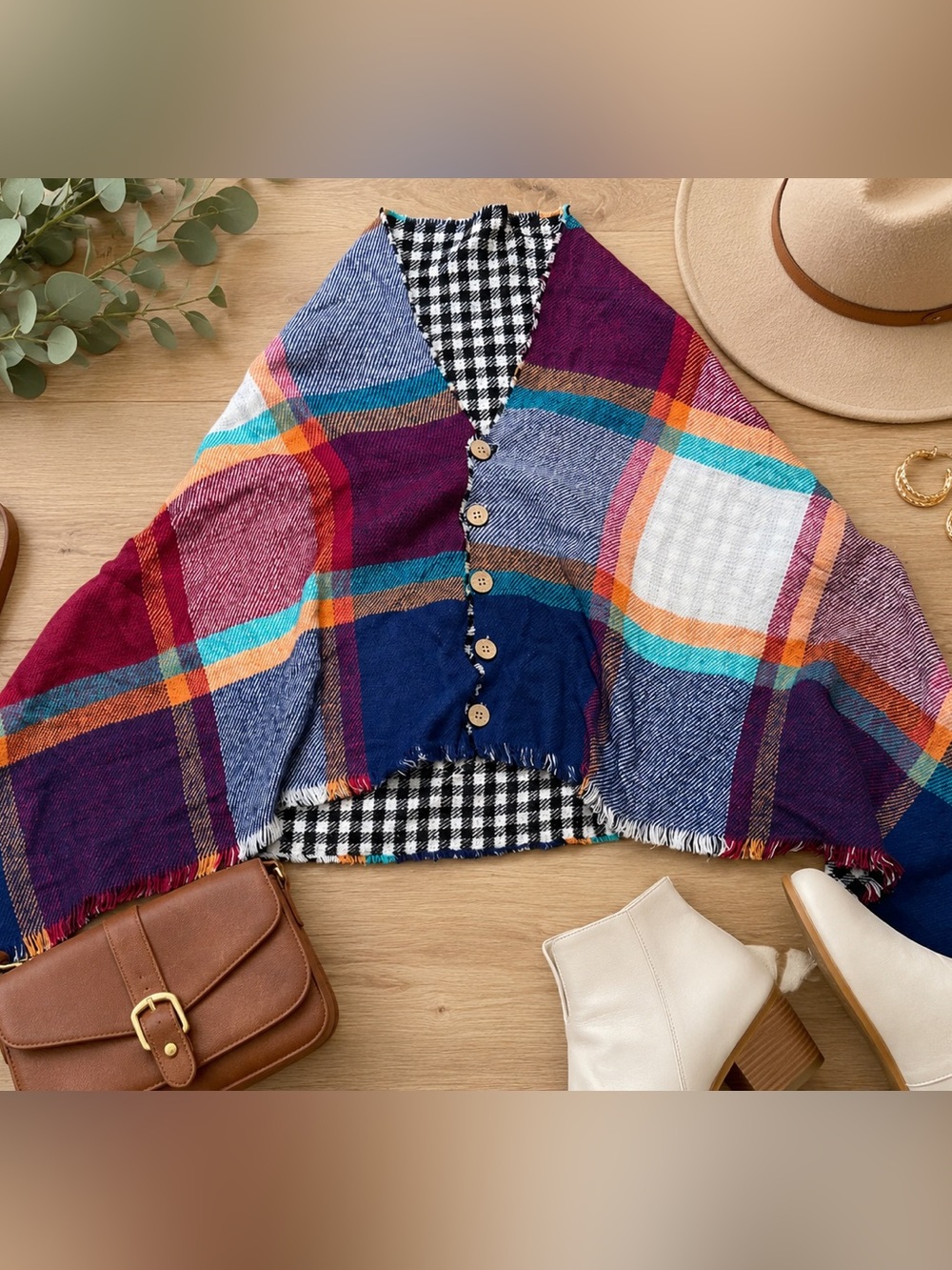 Grace & Lace Multicolor Plaid Button Front Poncho Wrap Cape One Size Fall